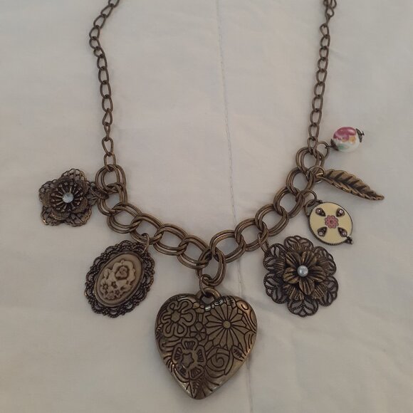 Victorian Style Brass- Look Charm Necklace - Picture 1 of 3